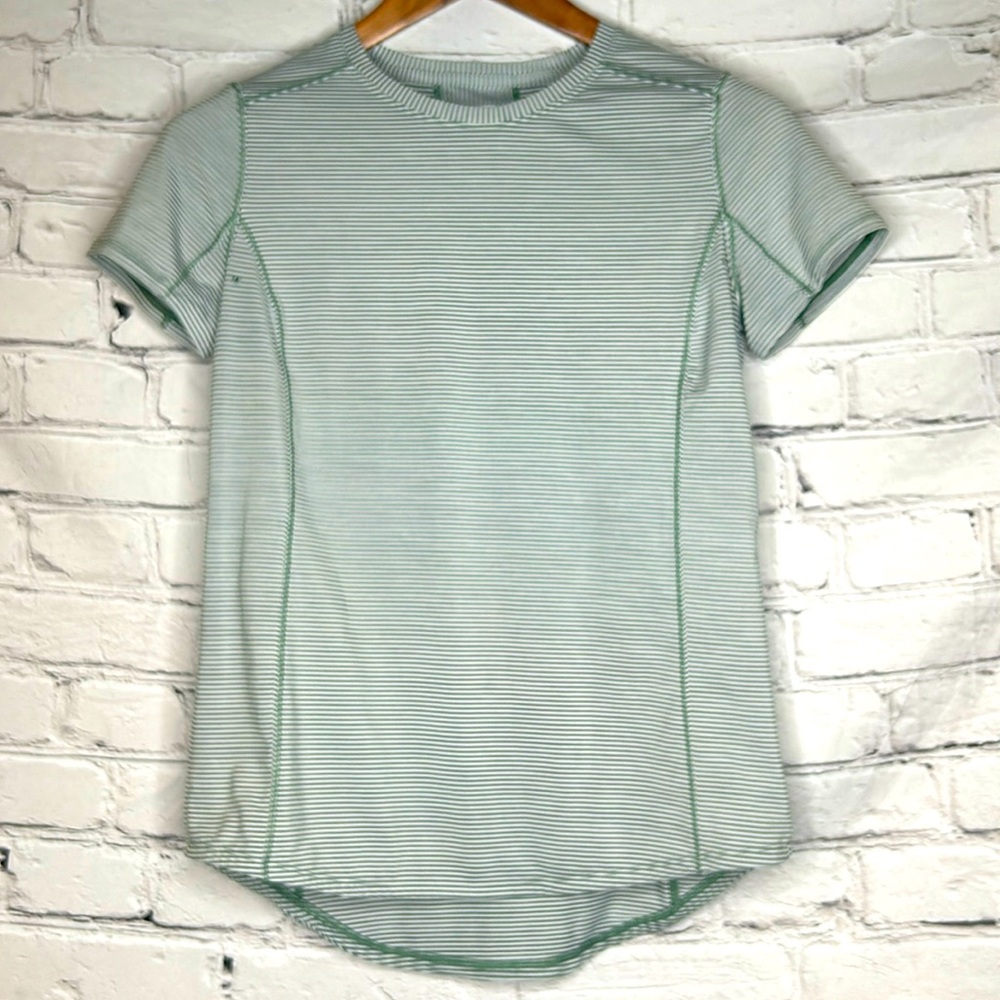 Duluth Trading Company Green & White Striped Short Sleeve Top Size X-Small